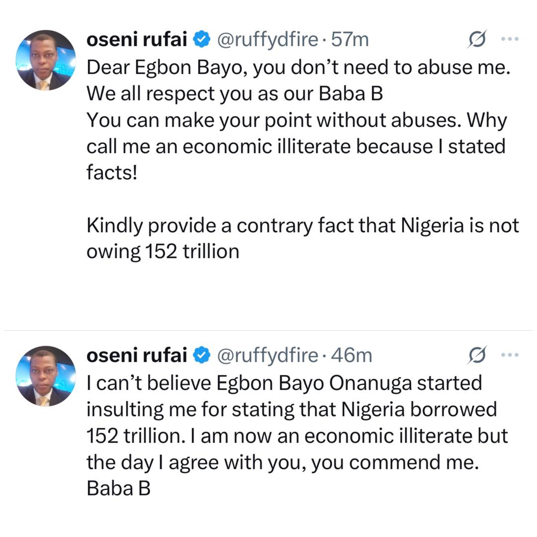 Economic illiterate - Presidential aide, Bayo Onanuga attacks Rufai Oseni after he shared an article accusing President Tinubu of being the mastermind of Nigeria?s debt crisis